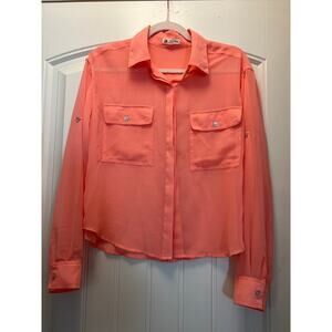 Cotton Candy Women’s Sheer Long‎ Sleeve Button Down Casual Top Size M Orange